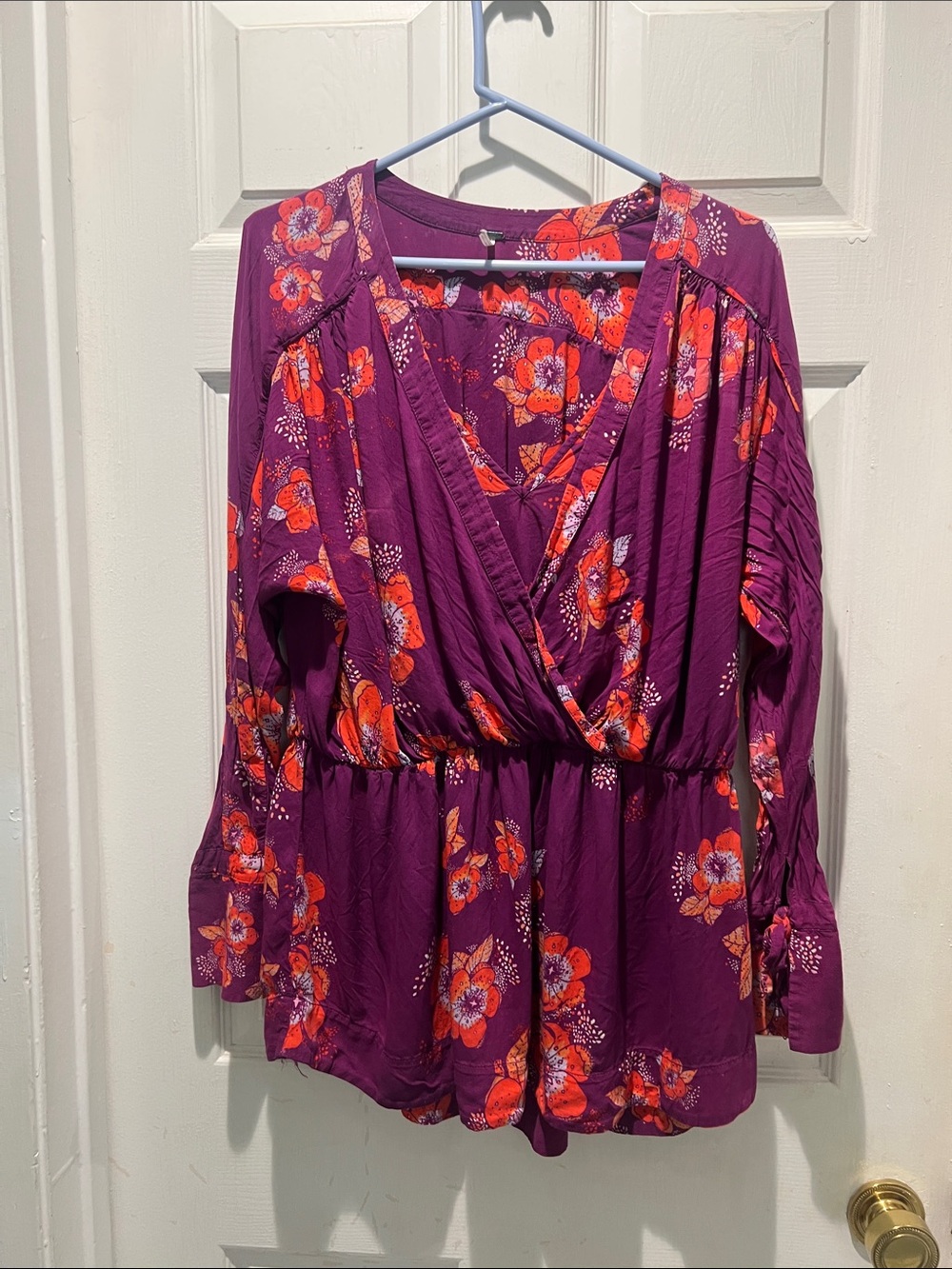 Free People Purple Floral Blouse with Orange Accents